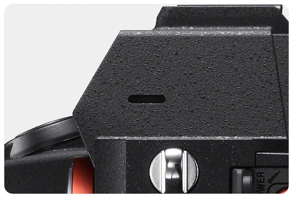 close up of Sony A7 IV integrated microphone slot 